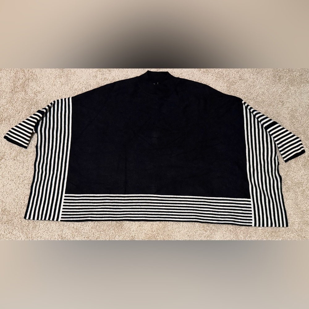 Patricia Luca Milano Women’s Black & White Striped Draped Poncho Sweater   L/XL